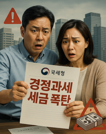 충격을 받은 한국인 부부가 '경정과세 세금 폭탄' 고지서를 들고 있는 썸네일 이미지