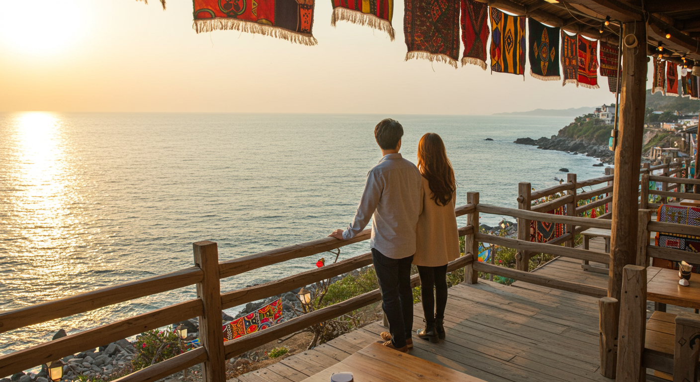 양양 이디오피아 감성 카페 테라스에서 한국인 커플이 바다를 감상하는 모습