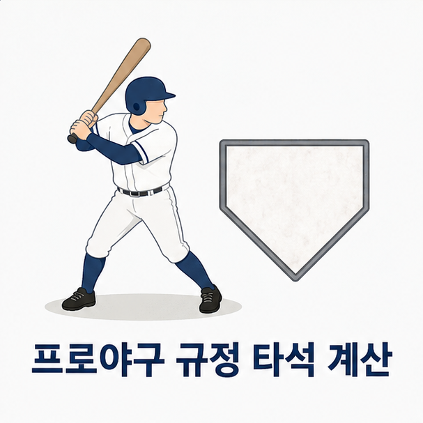 야구 타자와 홈플레이트 그림을 배경으로 ‘프로야구 규정 타석 계산’이라는 제목을 표시한 대표 이미지