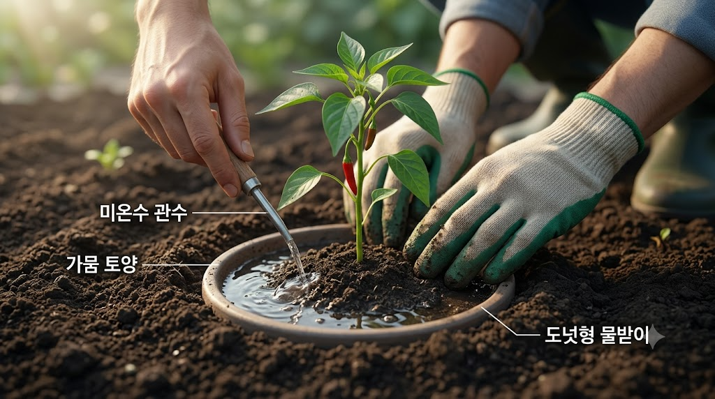 바짝 마른 고추 두둑 줄기 주변에 물길을 만들어 미온수를 부드럽게 관수