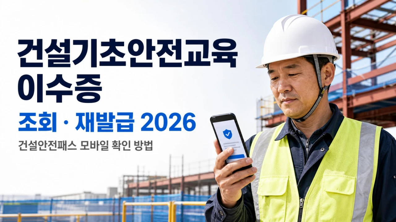 건설현장에서 안전모를 착용한 근로자가 스마트폰으로 건설기초안전교육 모바일 이수증을 확인하는 모습