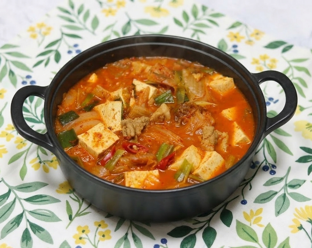 밝고 화사한 배경의 식탁 위에 정갈하게 차려진 한국식 돼지고기 김치찌개 완성 요리 이미지.