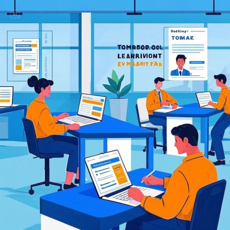 현대적인 사무실에서 젊은 직장인과 대학생이 노트북으로 내일배움카드 신청서를 작성하는 장면. 밝고 역동적인 색감(파랑, 주황), 고용노동부 로고와 훈련 과정 이미지가 포함된 디지털 일러스트레이션. 희망적이고 활기찬 분위기