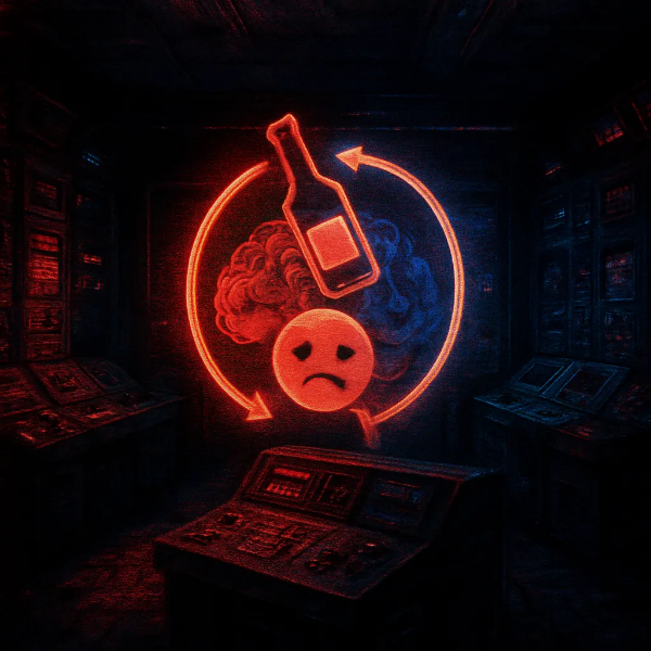 뇌와 술병, 슬픈 이모지가 고리처럼 순환하는 어두운 제어실