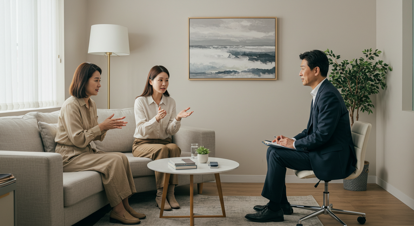 상담실에서 전문 심리상담을 받는 한국 사람