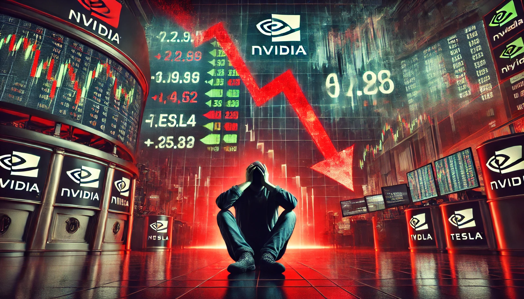 주식 시장의 급락과 기술주 하락을 강조하는 강렬한 분위기의 이미지