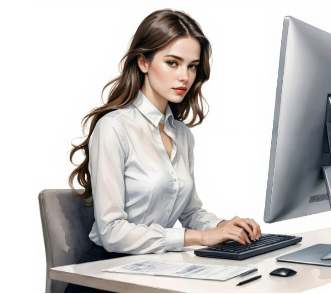 의자에 앉아 일하고 있는 젊은 여성