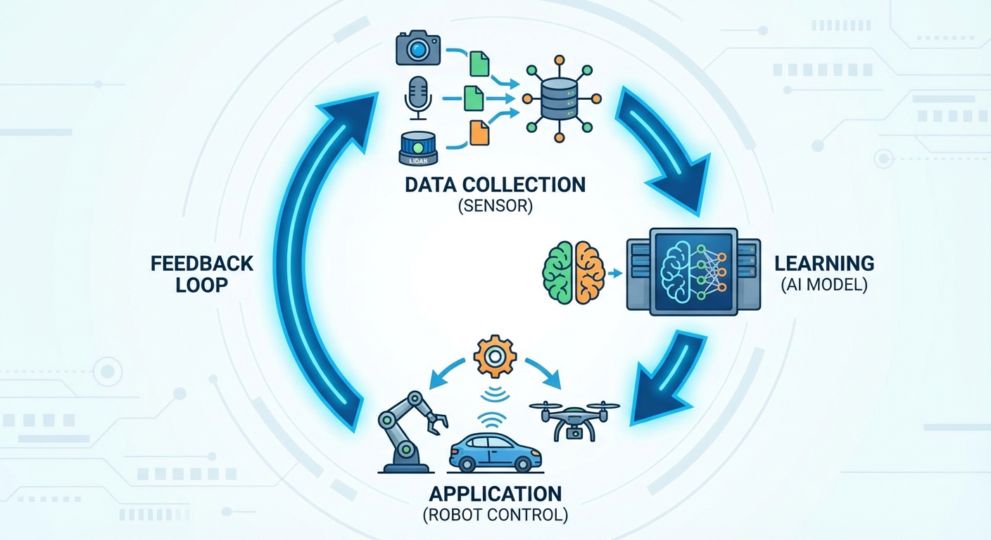 데이터 수집부터 AI 모델 학습 및 현장 적용까지 이어지는 스마트 팩토리 구축 3단계 프로세스 다이어그램