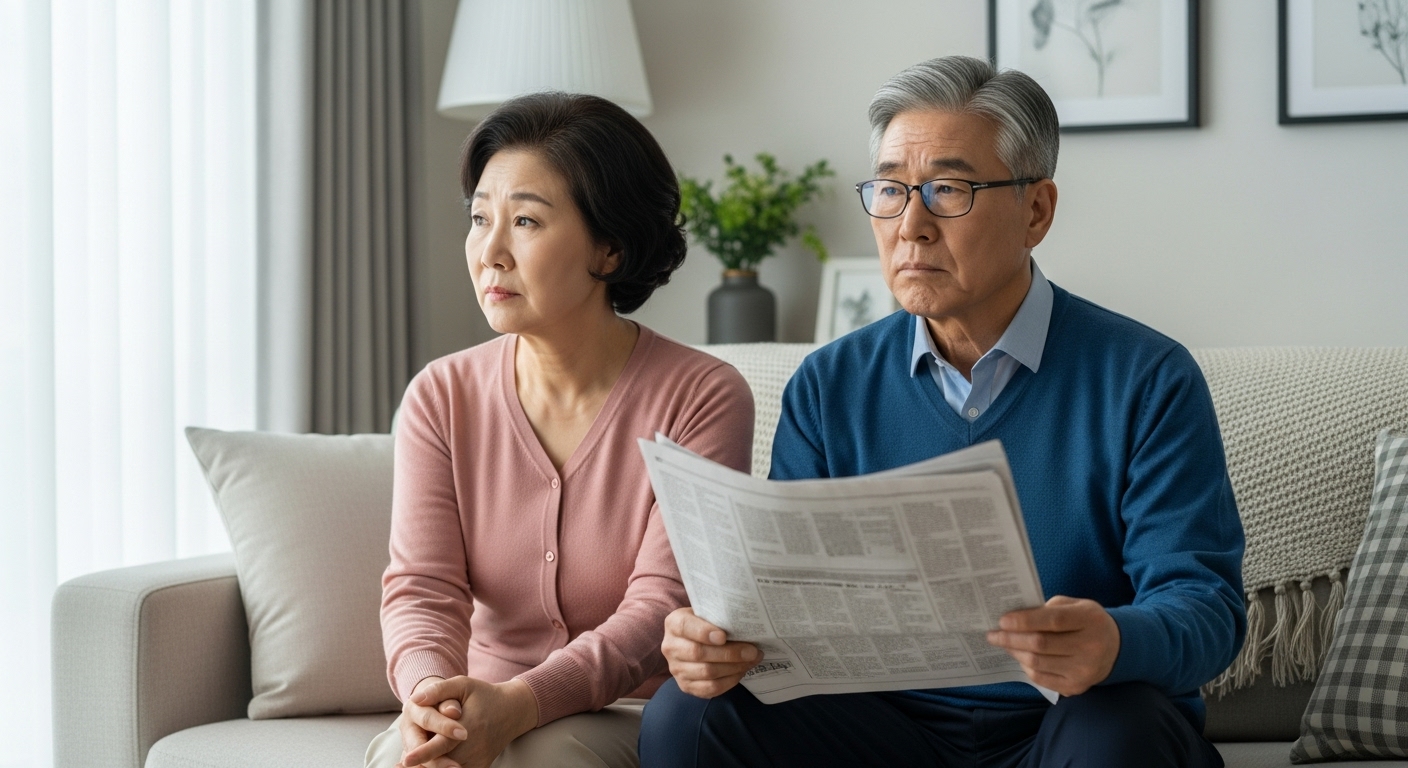 은퇴 후 자녀 독립으로 인해 정적인 분위기 속에 서로에게 거리를 두는 듯한 노년기 한국인 부부의 모습.