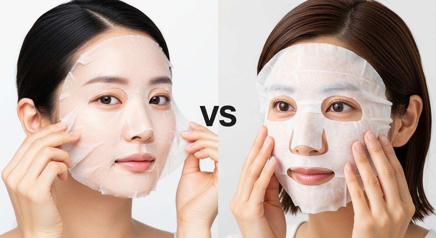 기능성 팩을 하는 한국 여성과 데일리 팩을 사용하는 일본 여성