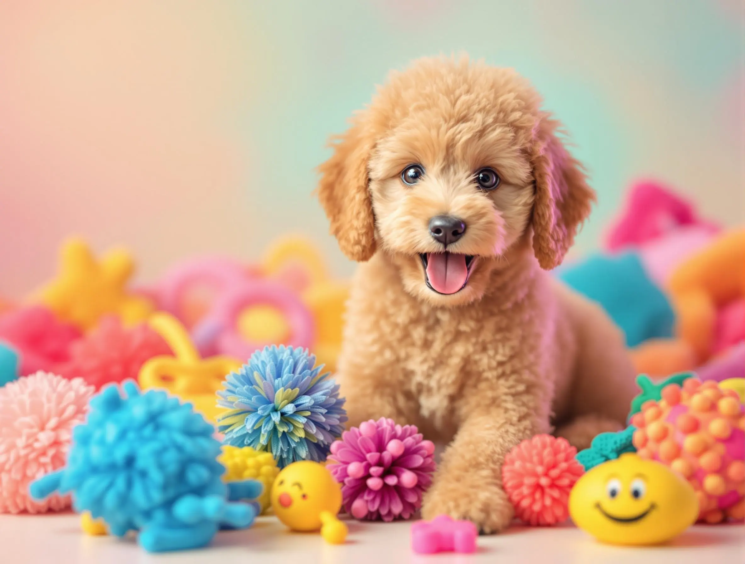 예방접종을 완료하여 건강한 푸들 강아지가 알록달록한 장난감과 함께 즐겁게 노는 모습