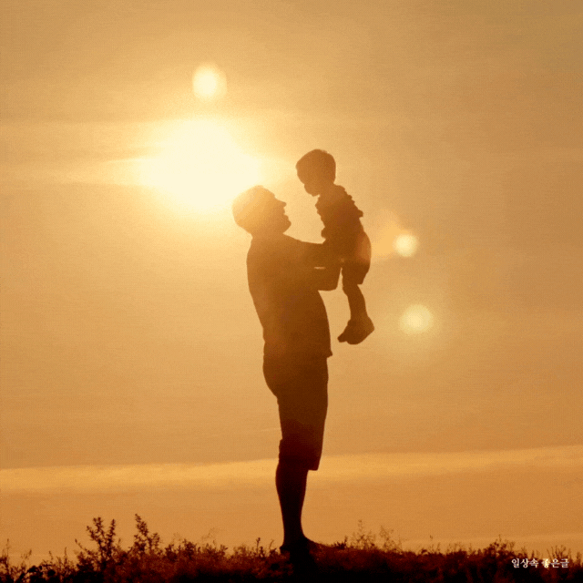 아버지가 아이를 높이 들어 올리는 따뜻한 노을 속 실루엣