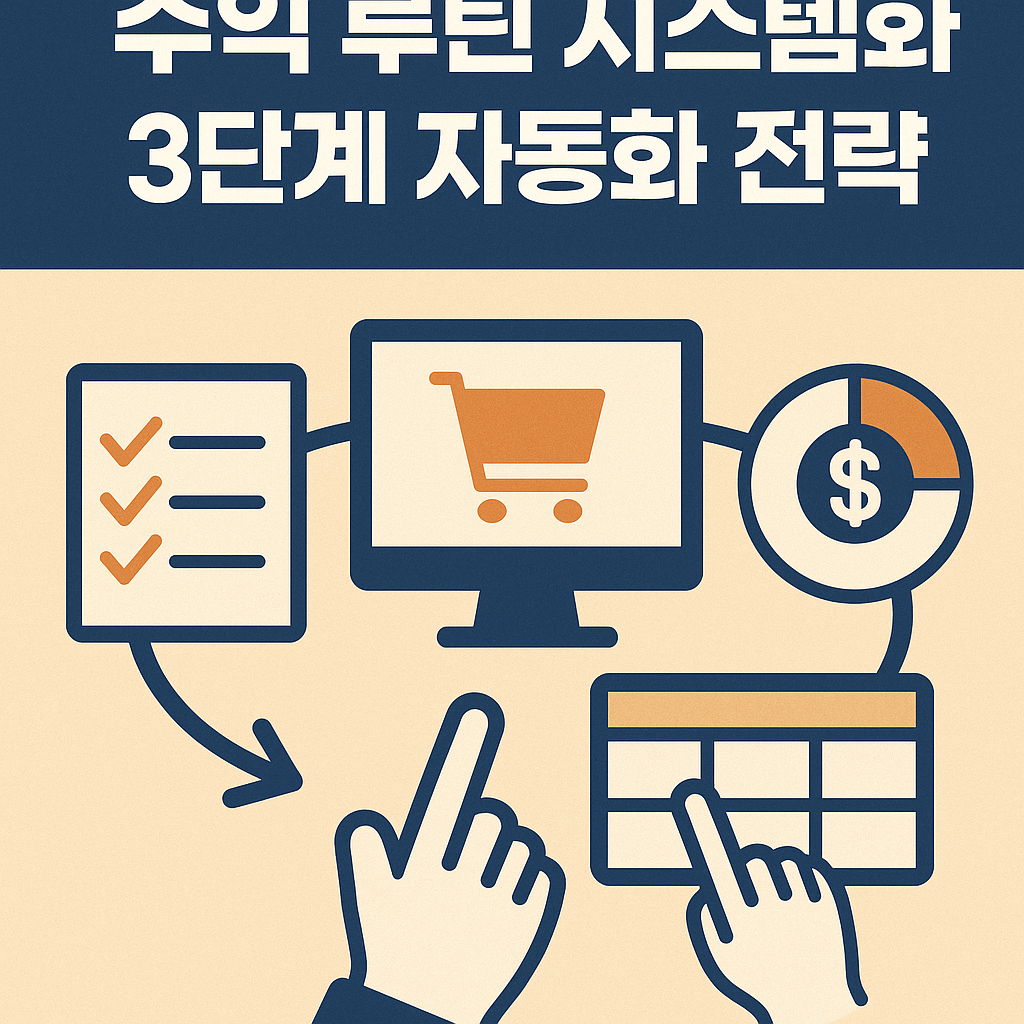 디지털 루틴 자동화 시스템을 상징하는 일러스트 – 구조화된 콘텐츠 흐름과 반복 수익화를 나타내는 2D 그래픽 디자인