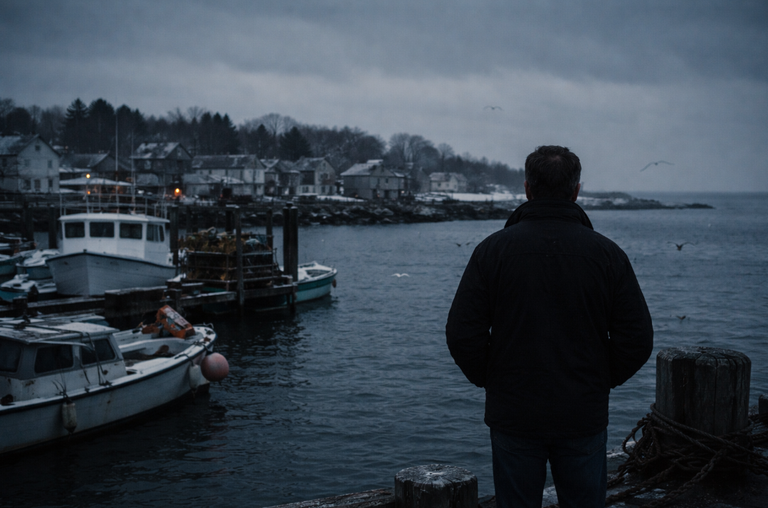 회색 바다와 작은 배가 보이는 항구 앞에 한 남자가 혼자 서 있는 차가운 겨울 장면