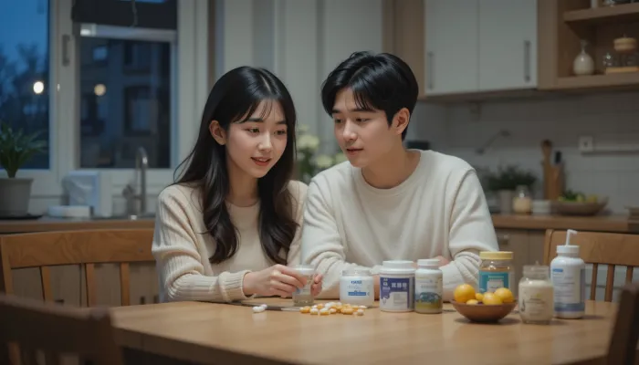 부부가 멜라토닌 영양제에 대해 이야기하는 모습