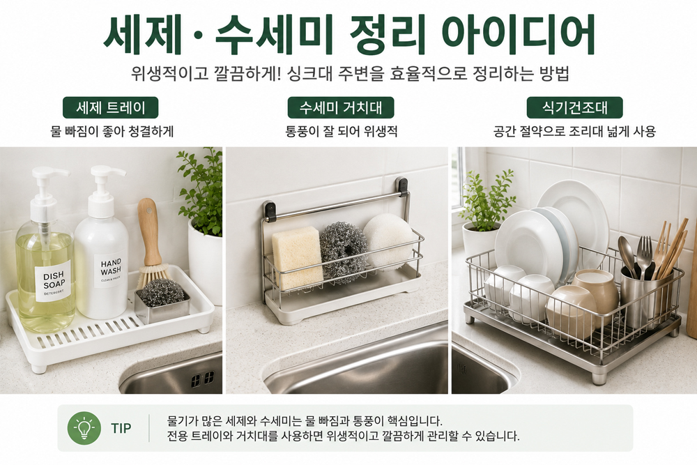 세제 트레이와 수세미 거치대, 공간 절약 식기건조대를 활용해 싱크대 주변을 위생적이고 깔끔하게 정리한 주방 정리 아이디어 이미지