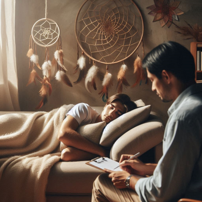 여자가 꿈속에서 드림캐쳐와 함께 잠을 자고 있는 모습