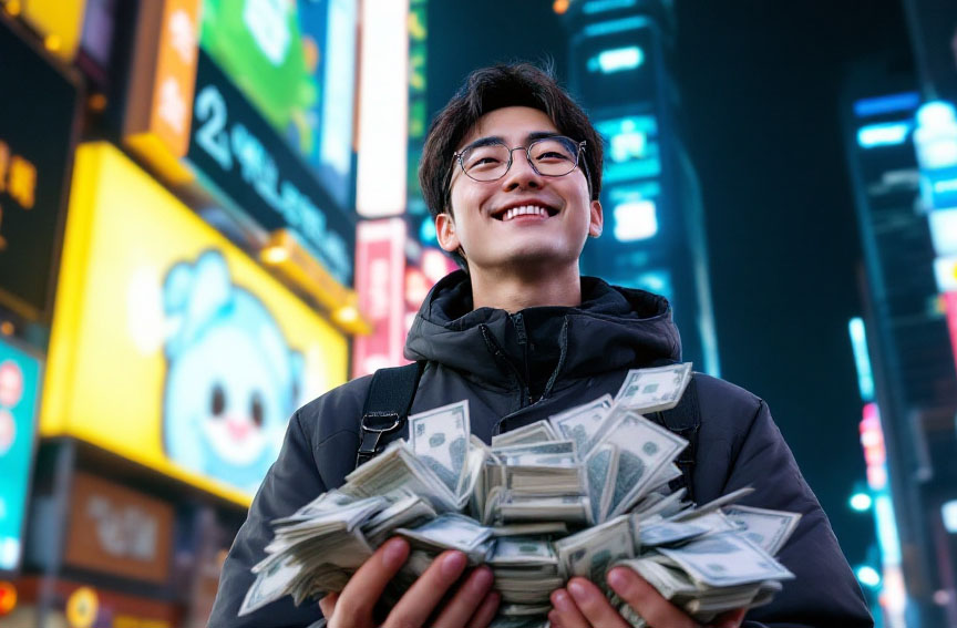 돈다발을 들고 좋아하는 남성