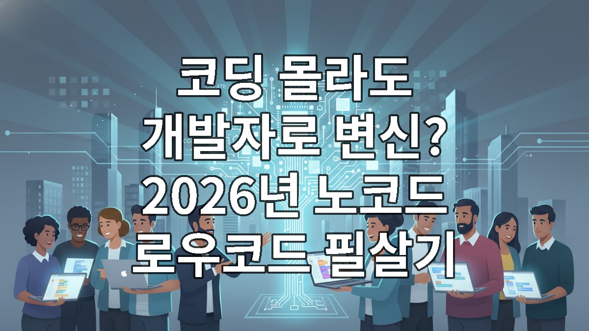 비전공자들도 노코드/로우코드 플랫폼을 통해 쉽게 앱과 웹을 개발하는 미래 지향적인 협업 장면.