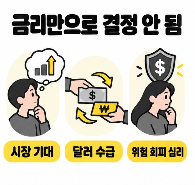 시장 기대와 달러 수급 및 위험 회피 심리를 생각하는 사람과 통화 교환 및 달러 방패 그림으로 보여주는 환율 변동 요인 안내
