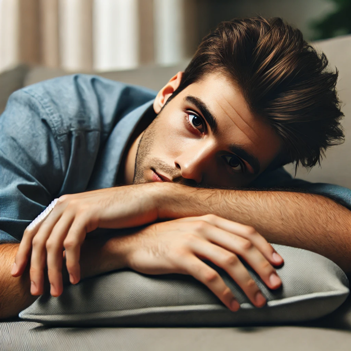 피로감에 지친 사람이 소파에 누워 쉬고 있는 모습.