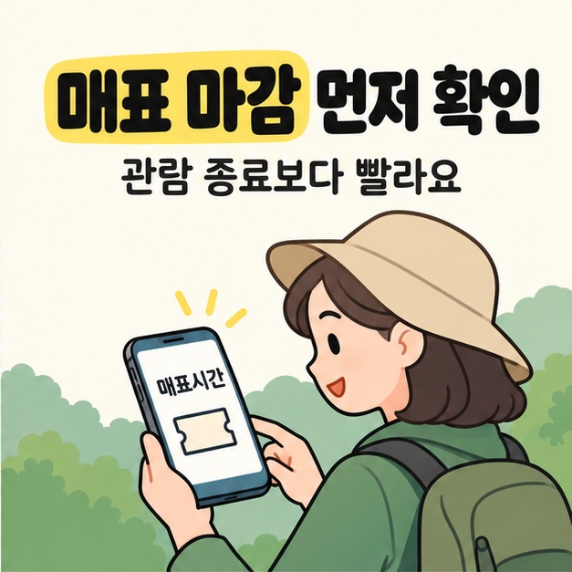 매표 마감 먼저 확인이라는 문구와 관람 종료보다 빨라요라는 안내 아래 여행자가 휴대전화의 매표시간 표시를 확인하는 모습