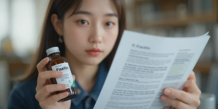 피세틴 병을 들고 설명서를 읽는 모습