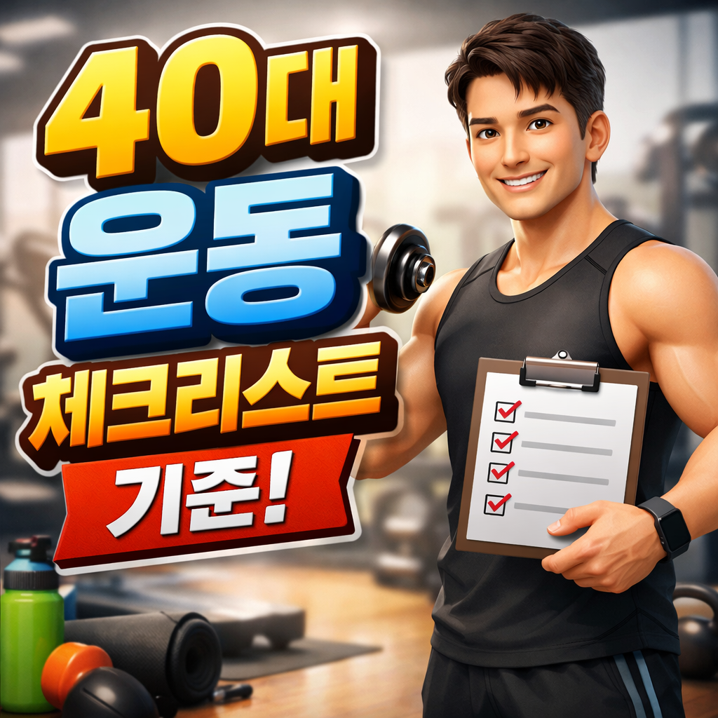 40대 헬스 운동 현실을 주제로 체크리스트 기준과 덤벨 운동을 함께 표현한 썸네일 이미지