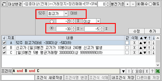 키움증권 조건검색기 화면 예시 이미지 (1)