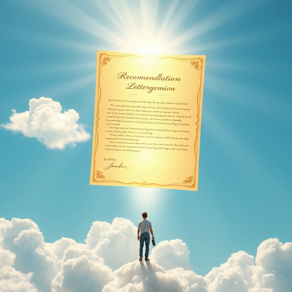 정성스럽게 작성된 추천서가 빛을 내며 하늘로 올라가거나, 추천서에서 나온 빛이 인재를 비추는 모습을 표현합니다. 희망적이고 긍정적인 분위기를 연출합니다.