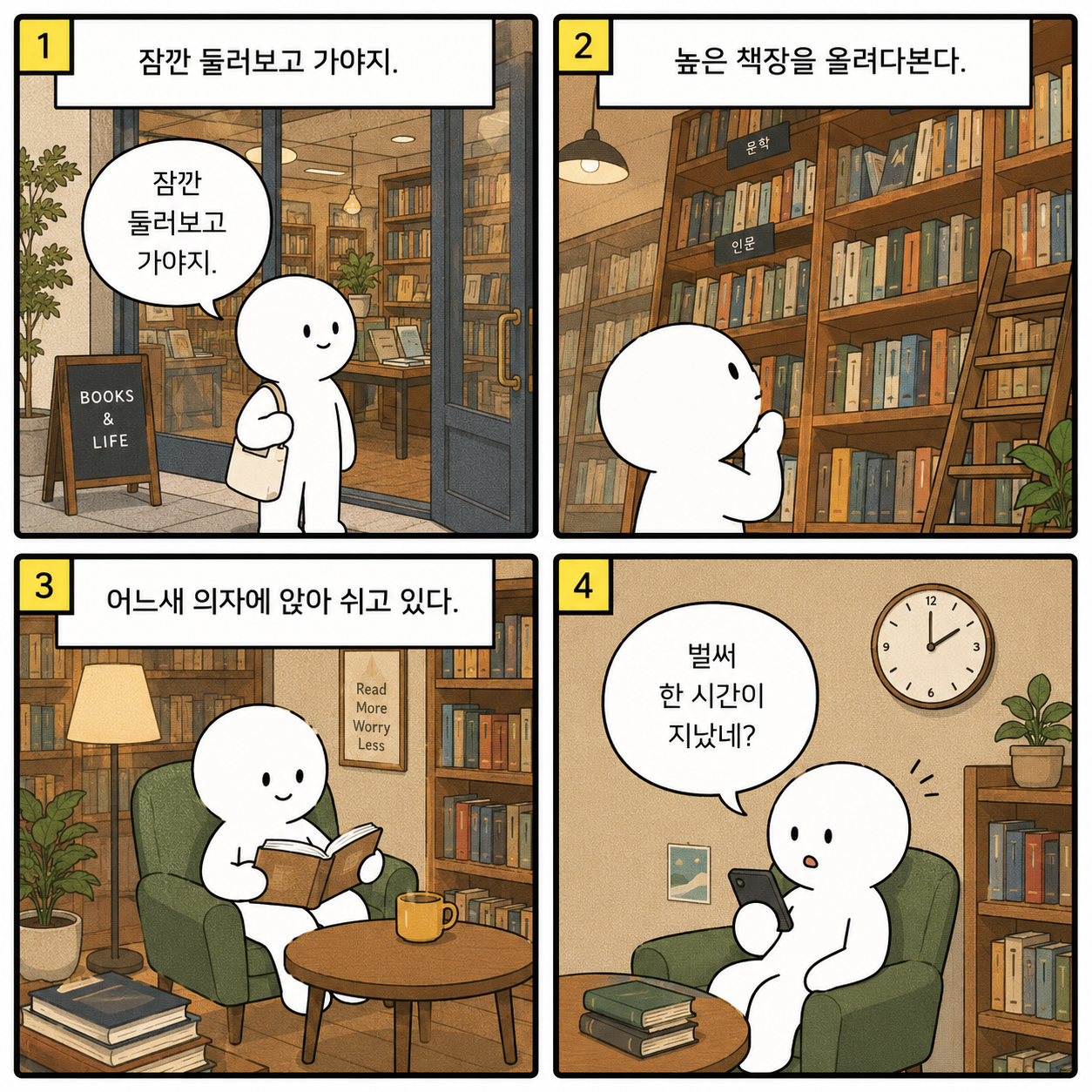 높은 층고의 책장에서 편하게 시간을 보내는 웹툰