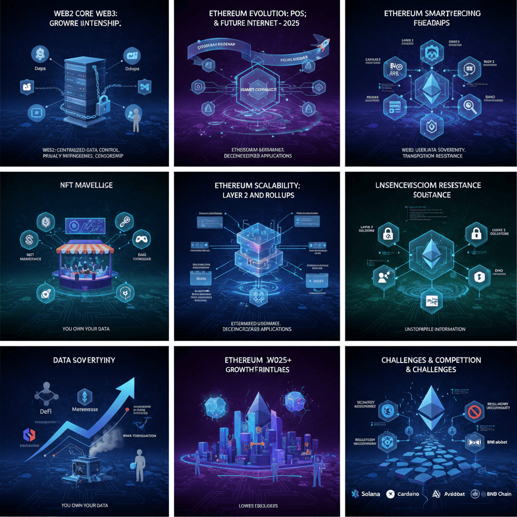 웹3, 이더리움, NFT, 데이터 주권 등 블록체인 기술의 다양한 측면을 시각화한 9개의 정보 그래픽 패널