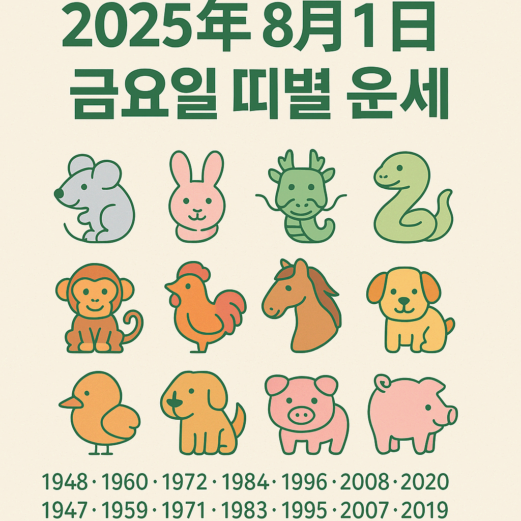 2025년 8월 1일 띠별 연도별 오늘의 운세