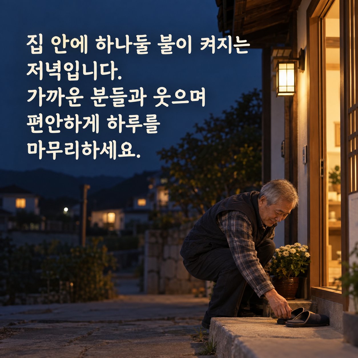 행복한 저녁 인사 이미지 1 — 집 안에 하나둘 불이 켜지는 저녁입니다. 가까운 분들과 웃으며 편안하게 하루를 마무리하세요.