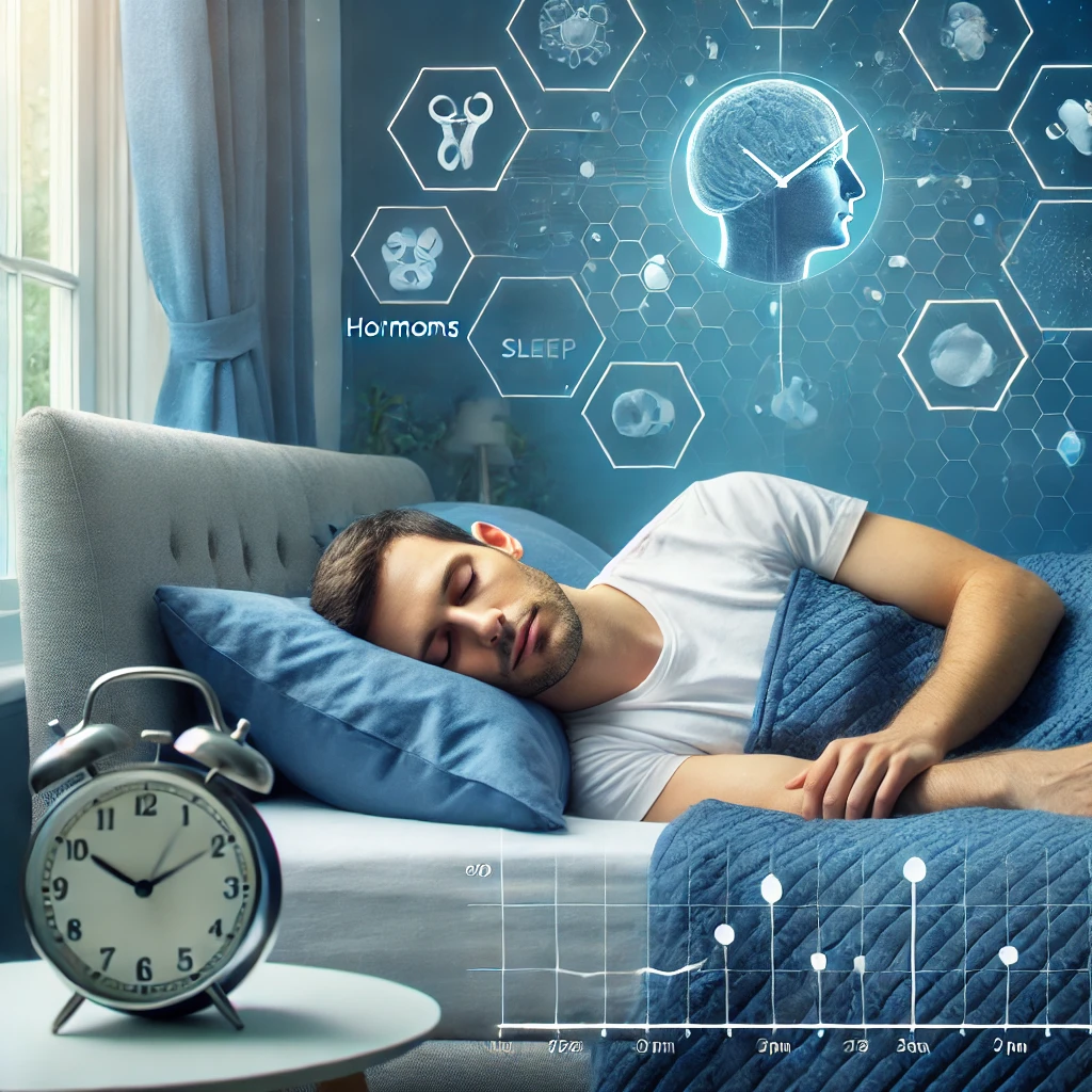 "숙면 중인 남성과 수면 호르몬 시각화 - 남성 호르몬과 수면의 관계"