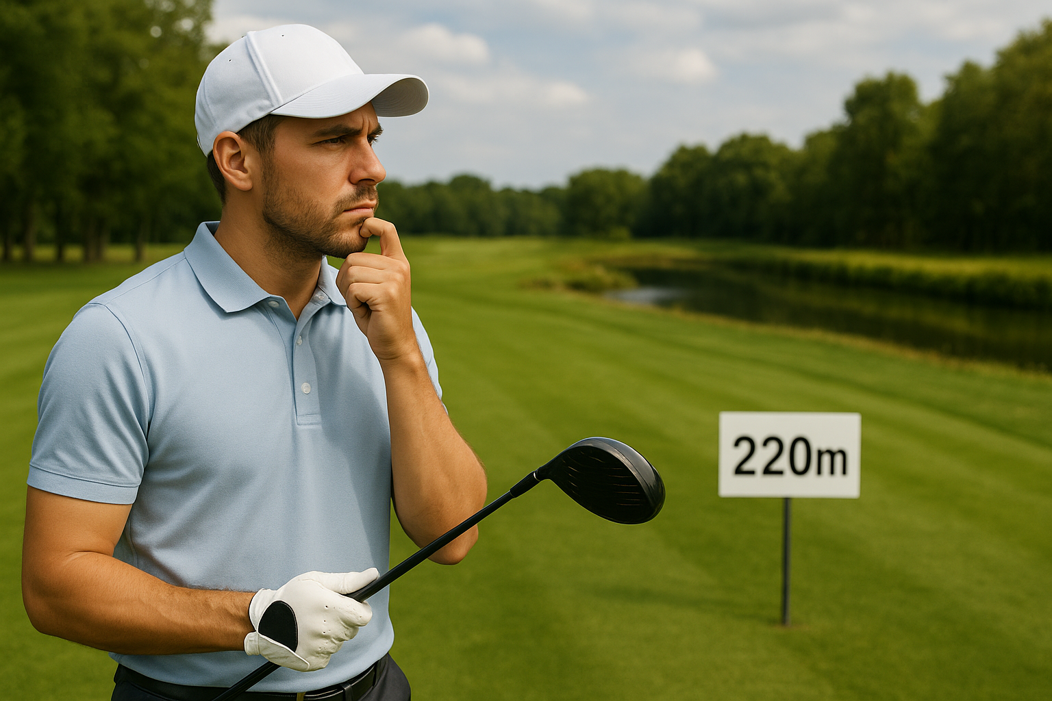 티샷에서 220m거리에 헤져드가 있어 드라이버로 공략할지 아이언으로 공략할지 고민하는 남자 골퍼의 모습
