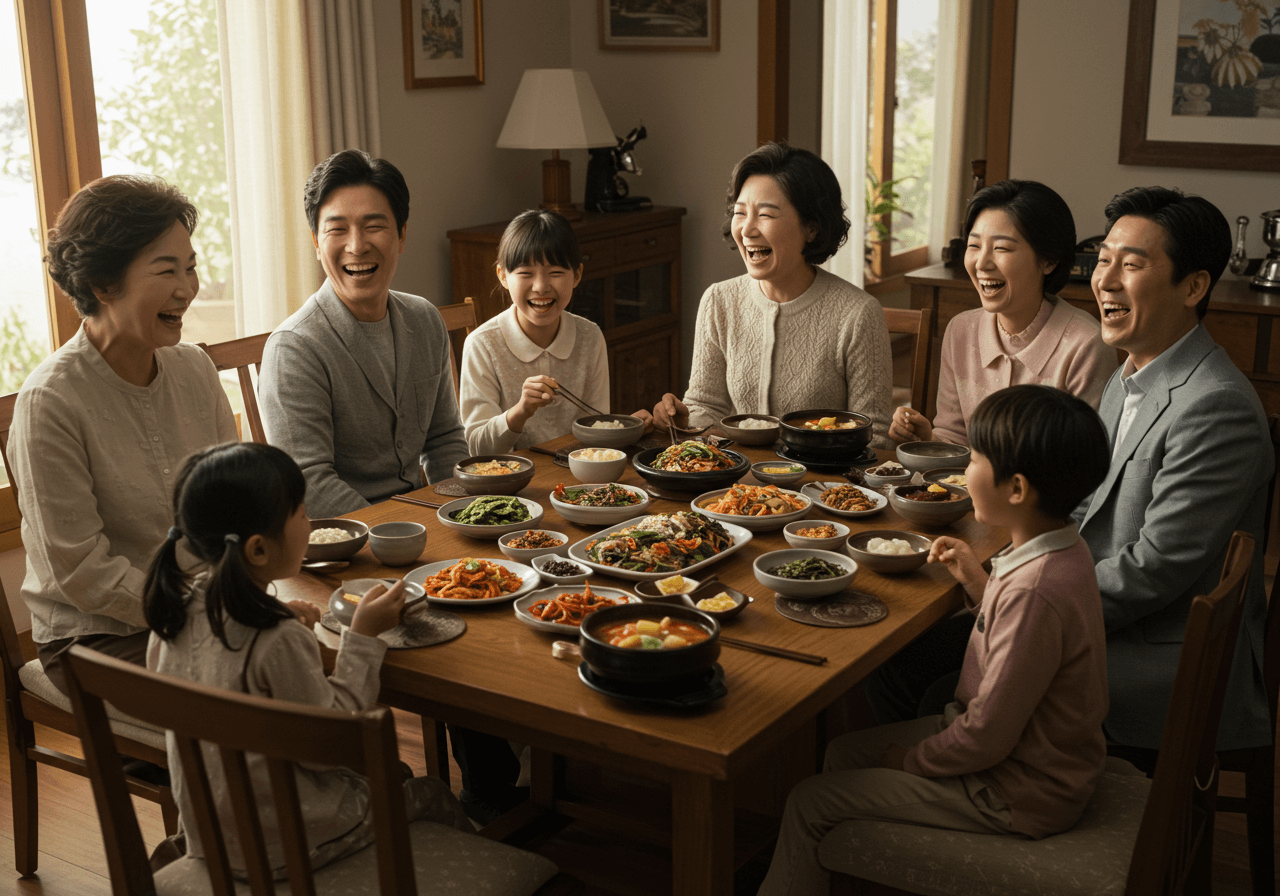 명절에 가족이 함께 식탁에 둘러앉아 웃으며 식사하는 따뜻한 장면