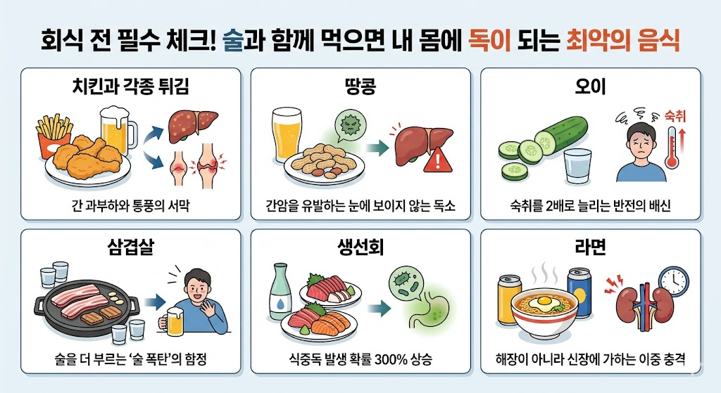 회식 전 필수 체크! 술과 함께 먹으면 내 몸에 독이 되는 최악의 음식 6가지