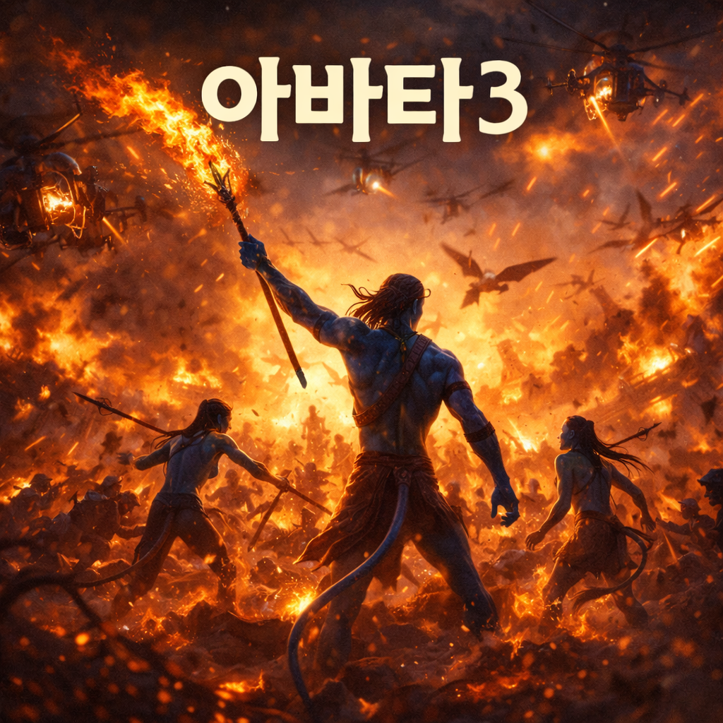 아바타 족이 전쟁을 하고 있는 모습. 영화제목 아바타3 문구 삽입되어 있음.