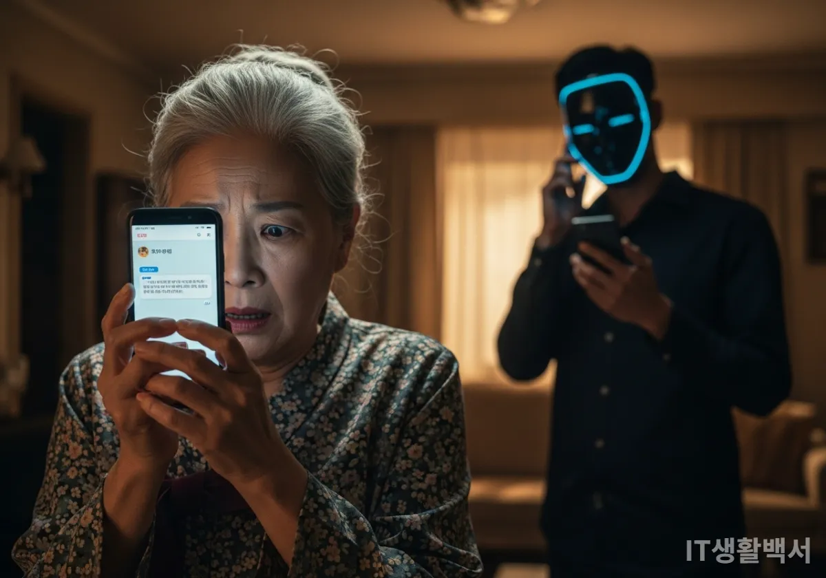 보이스피싱 전화를 받고 당황하는 한국 중년 여성과 배후의 사기범 일러스트