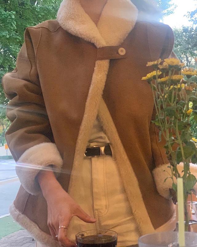 오브제 objet 아이리스 숄 무스탕 자켓 원버튼 루즈핏 양모 스웨이드 점퍼 2col