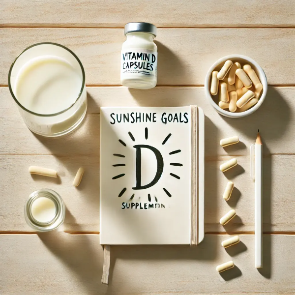 비타민 D 보충제, 우유, 햇빛 목표 노트가 놓인 스튜디오컷