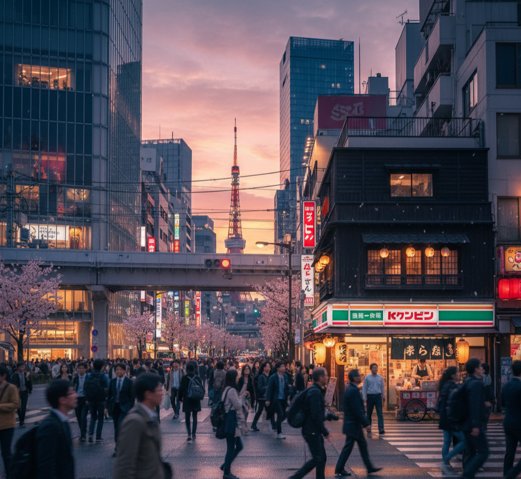 도쿄 도심 거리와 도쿄타워, 석양이 물든 시부야 거리 풍경