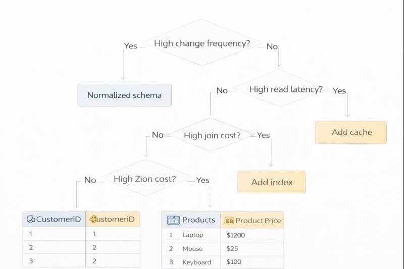 변경 빈도와 조회 지연, 조인 비용, 정합성 위험을 순서대로 점검해 정규화 유지 또는 비정규화를 선택하는 흐름도이다.