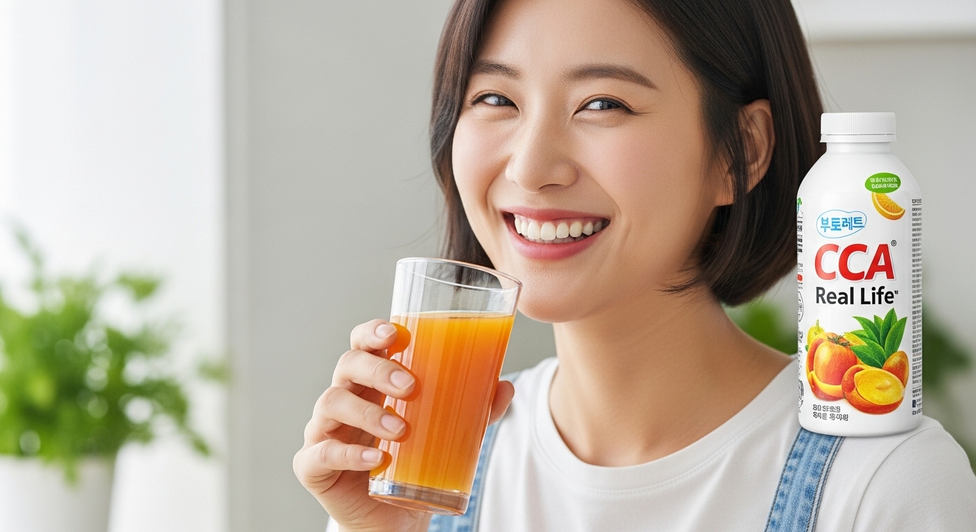 한 모금의 주스와 함께 밝게 웃는 모습