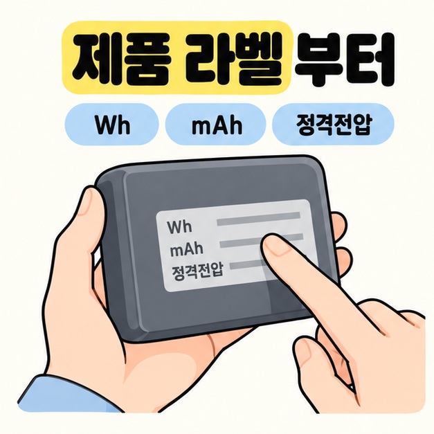 보조배터리 뒷면 라벨의 Wh와 mAh 및 정격전압 표시를 손가락으로 확인하는 모습