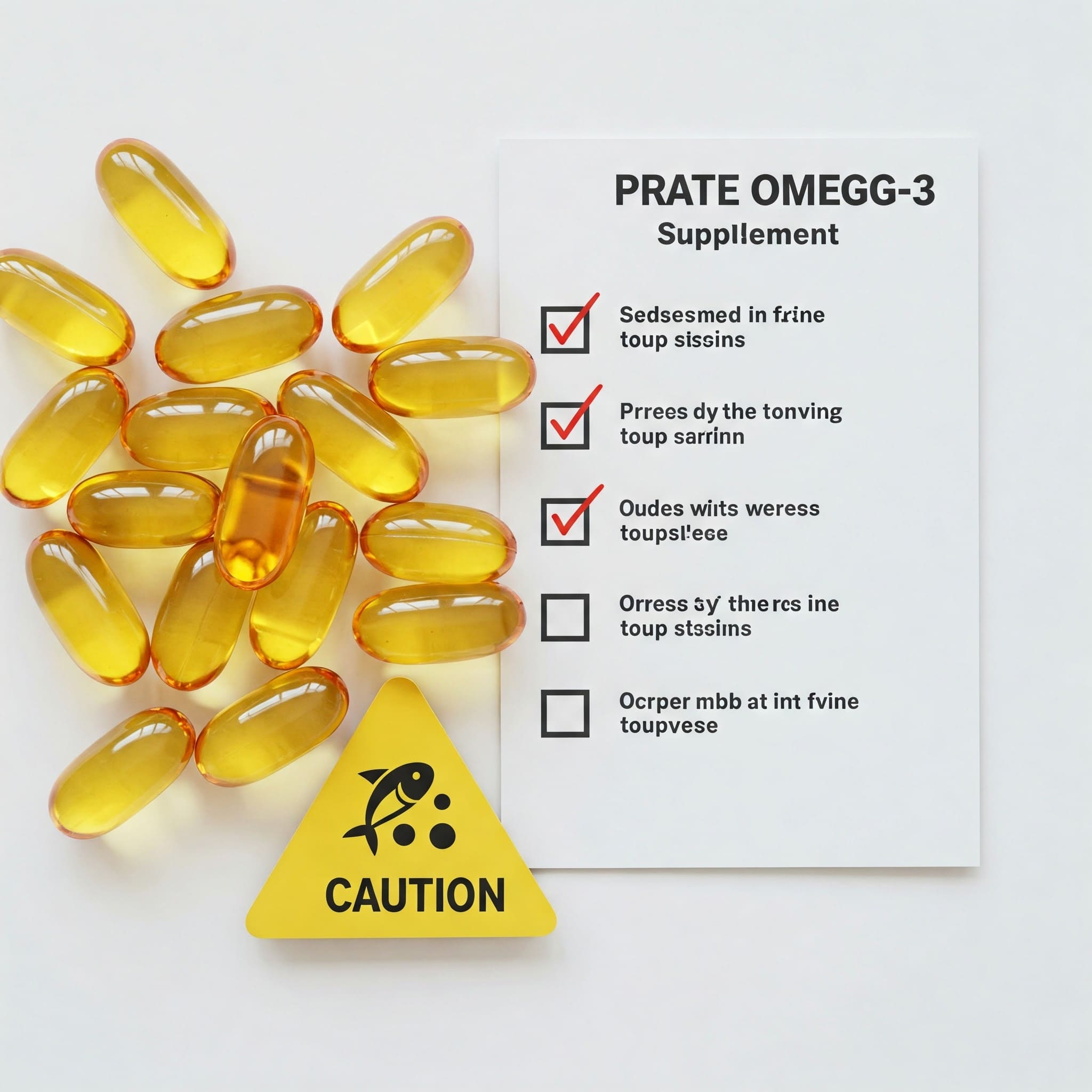 약통에 담긴 투명한 오메가-3 캡슐이 흰 배경 위에 흩어져 있고, 옆에는 ‘주의’ 아이콘과 함께 체크리스트가 표시된 건강 정보 그래픽 – 인포그래픽 스타일, 깔끔하고 전문적인 느낌