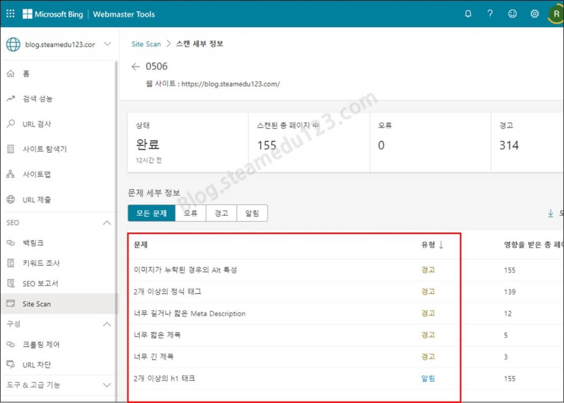 Bing-Site-Scan-문제-세부-정보-화면