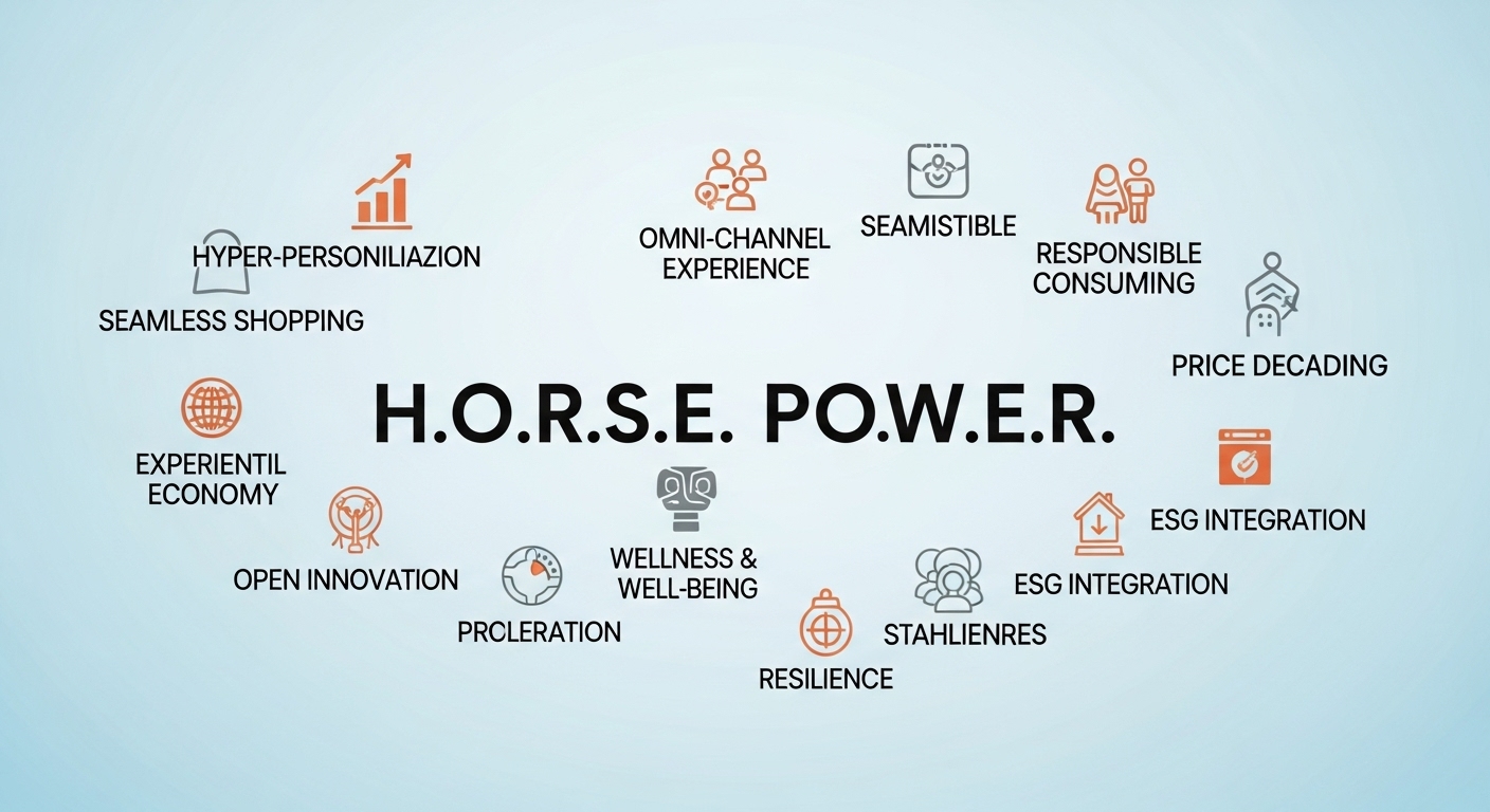 'H.O.R.S.E. P.O.W.E.R.' 키워드를 중심으로 10가지 소비 트렌드를 시각적으로 표현한 인포그래픽.