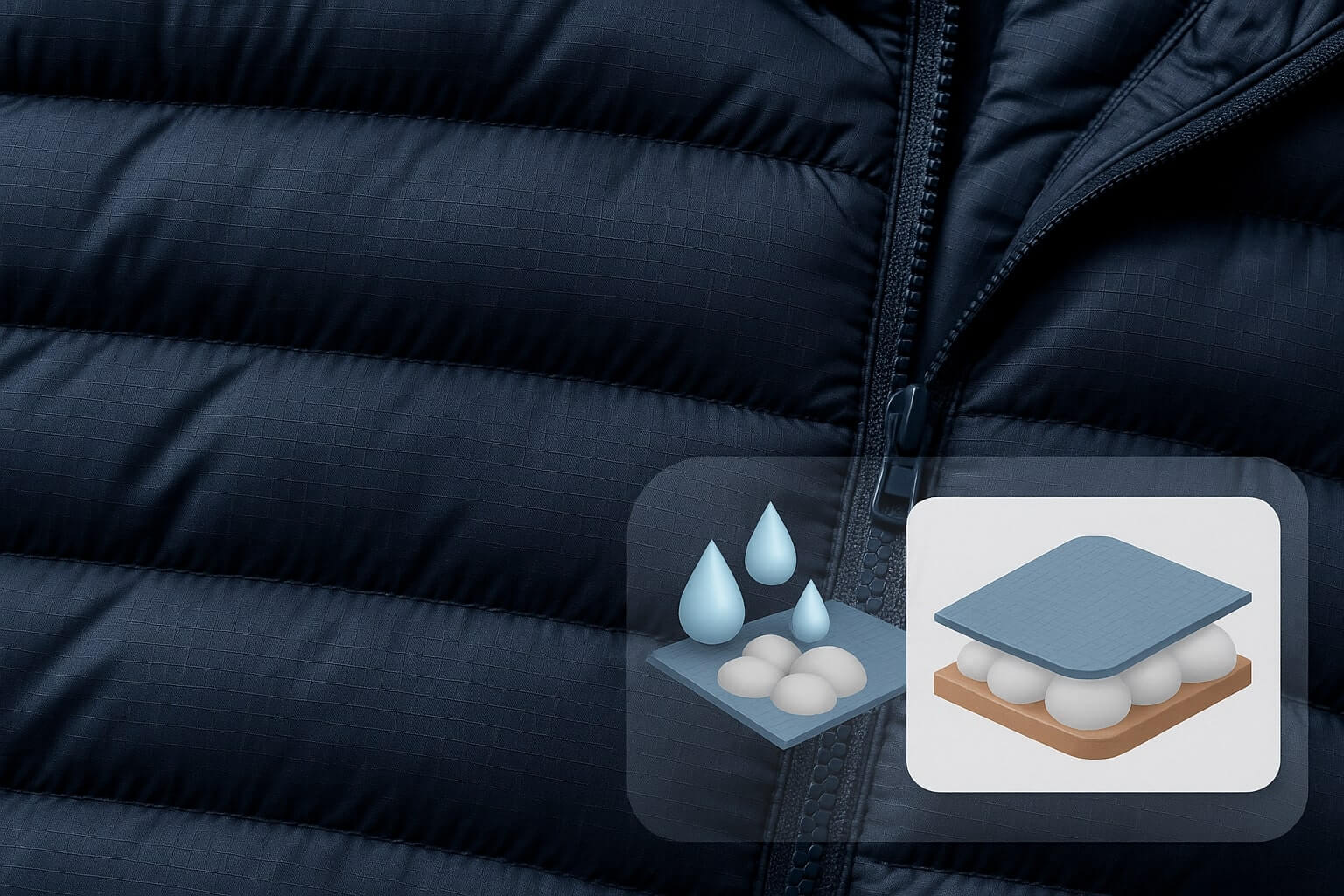 경량패딩 립스탑 나일론 원단과 발수 기능, 하이브리드 충전재 단면 구조 클로즈업